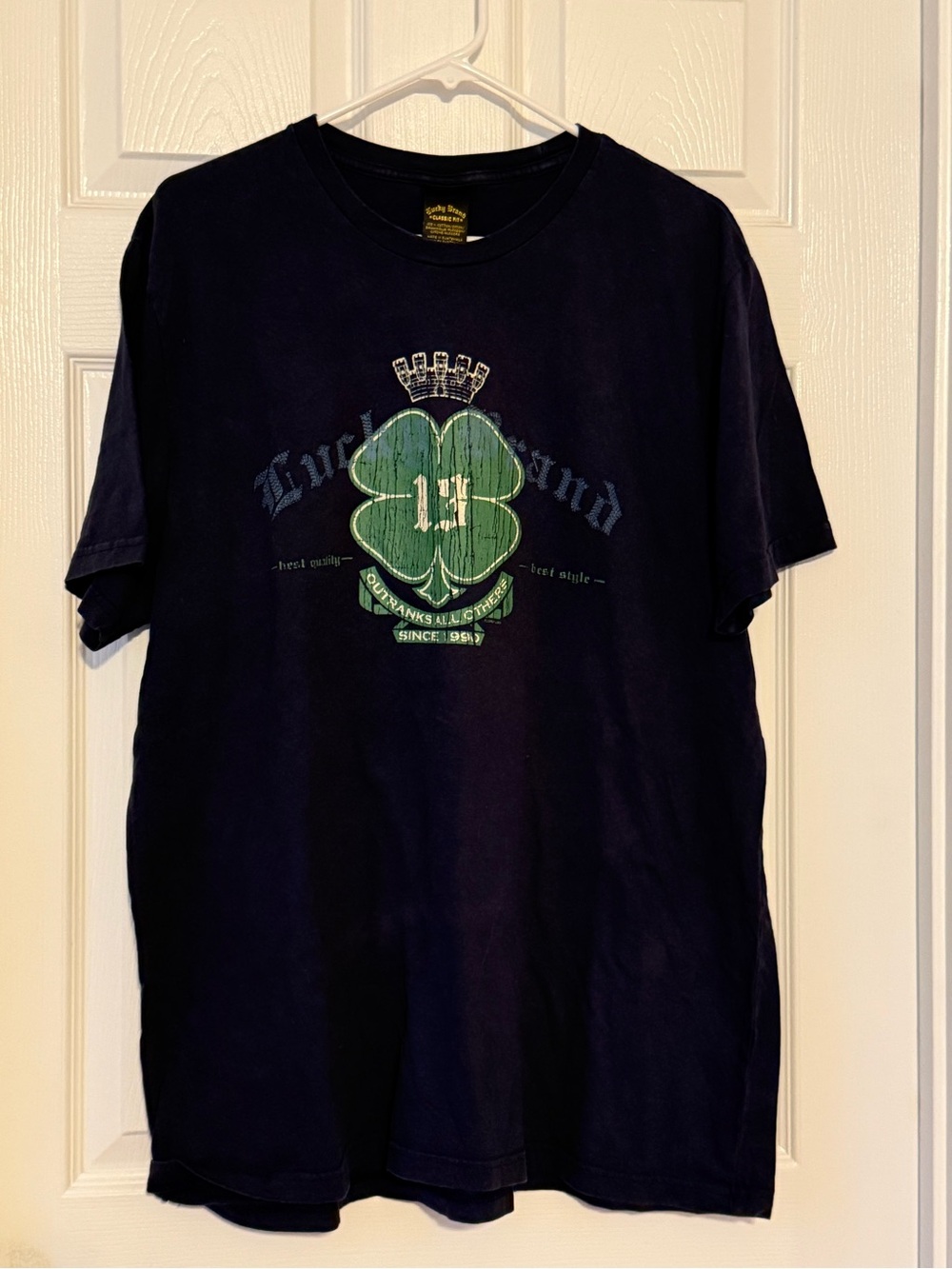 Navy Blue Lucky Brand Graphic Tee with Green Clover Crest - Men's Shirt XL
